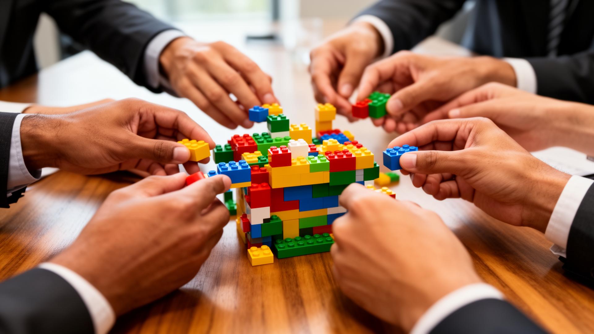 Mãos construindo modelos LEGO em workshop