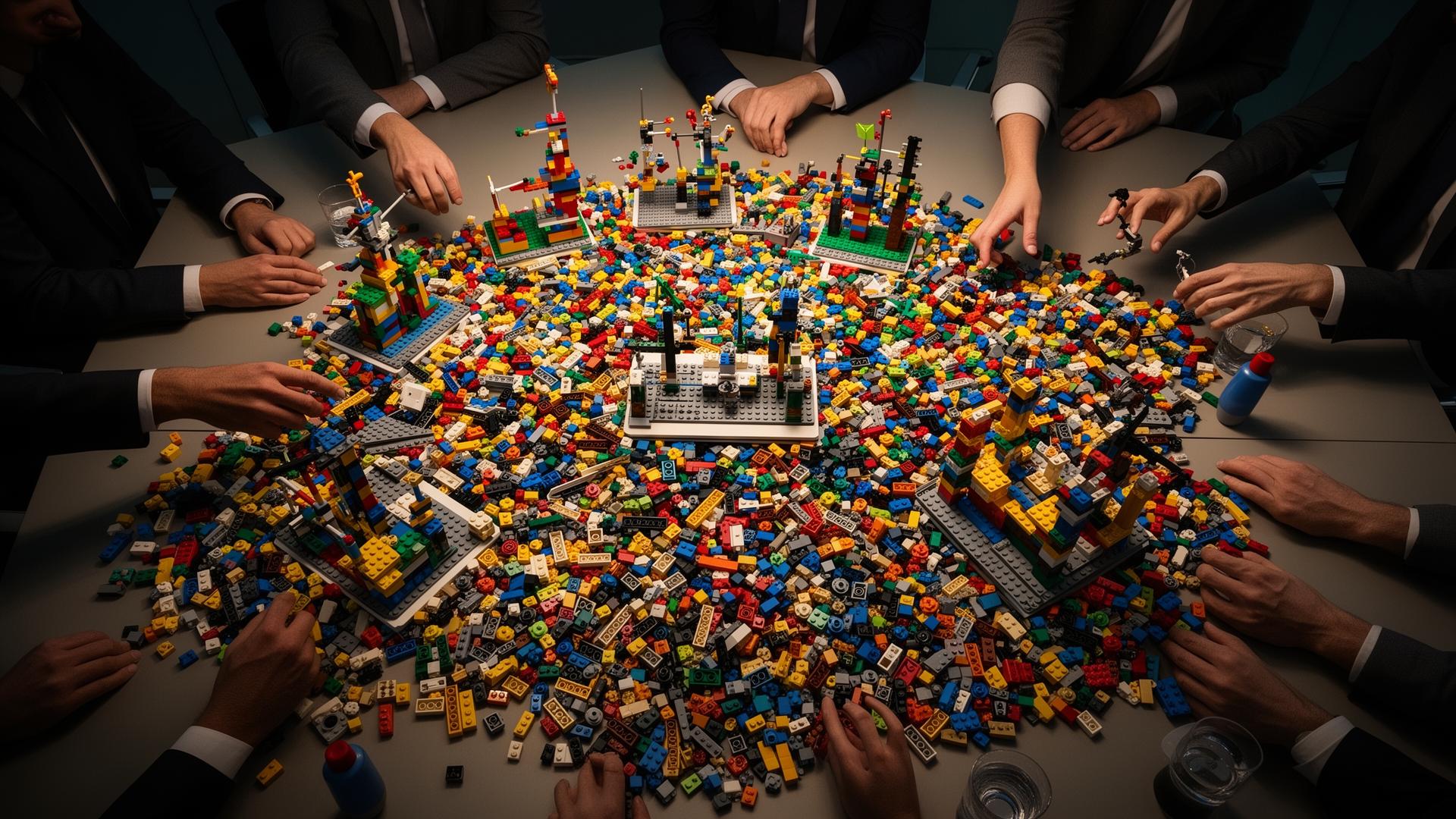 Visão superior de mesa de workshop com peças LEGO